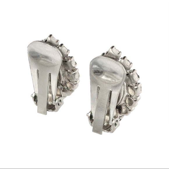 Vintage Marquise Rhinestone Halo Clip On Earrings Silver Tone Large Estate - Picture 3 of 4